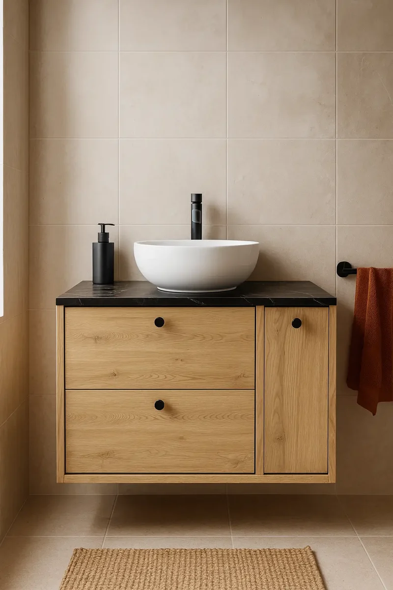 Waschtischunterschrank 80 cm mit Regal, glatte Fronten Belino - Eiche Cremona/Marmor Schwarz