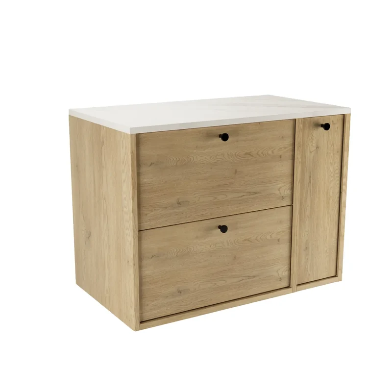 Waschtischunterschrank 80 cm mit Regal, glatte Fronten Belino - Eiche Cremona/Marmor Bianco