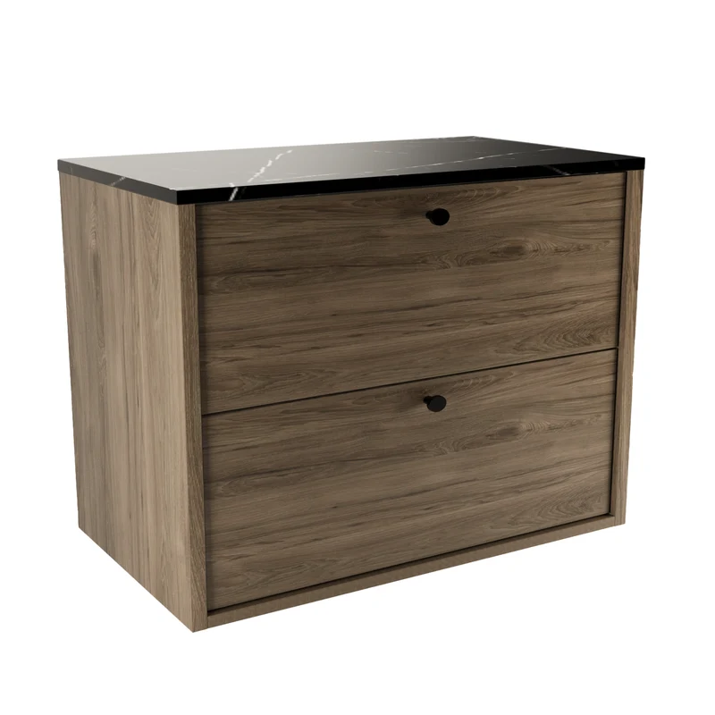 Waschtischunterschrank 80 cm, glatte Fronten Belino - Walnuss Dunkel/Marmor Schwarz