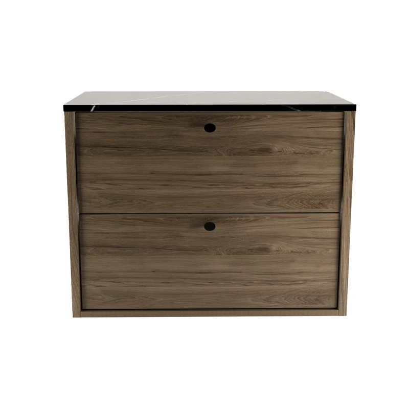 Waschtischunterschrank 80 cm, glatte Fronten Belino - Walnuss Dunkel/Marmor Schwarz