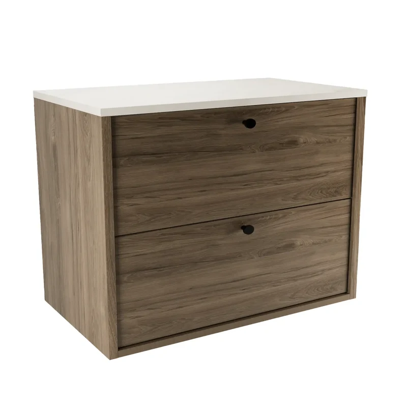 Waschtischunterschrank 80 cm, glatte Fronten Belino - Walnuss Dunkel/Marmor Bianco