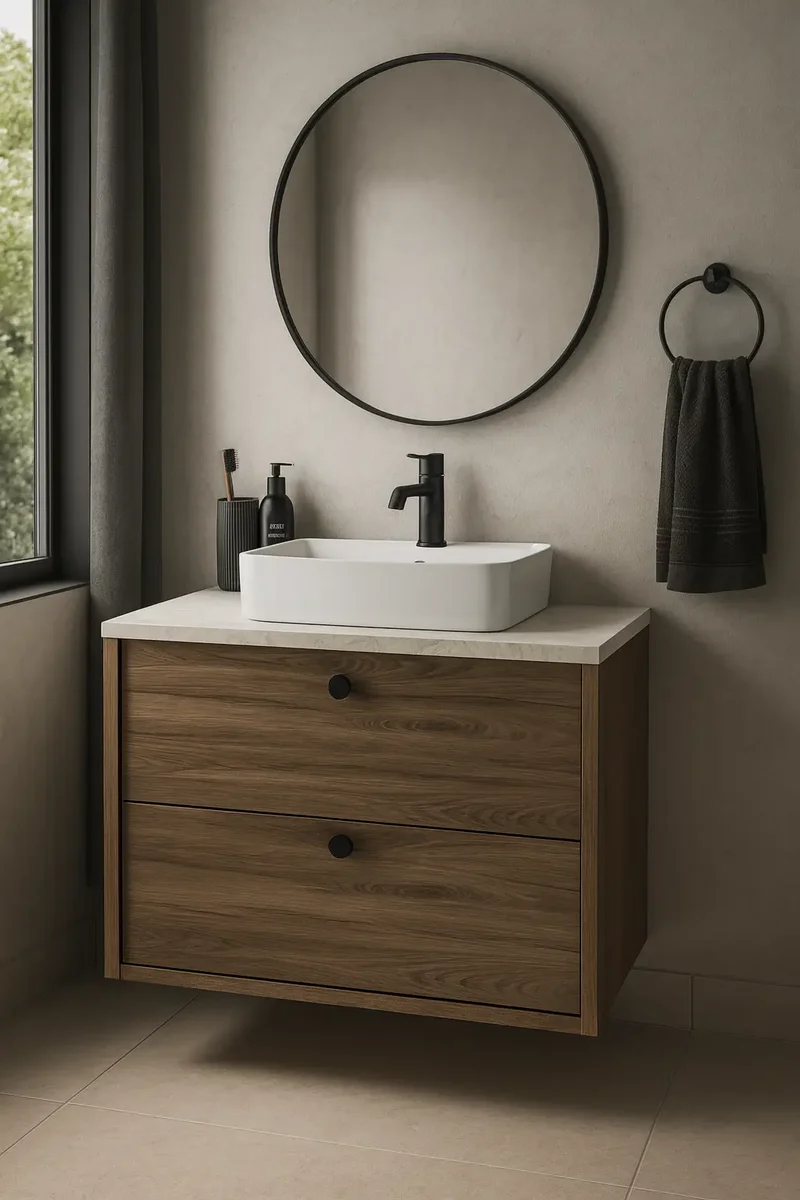 Waschtischunterschrank 80 cm, glatte Fronten Belino - Walnuss Dunkel/Marmor Bianco
