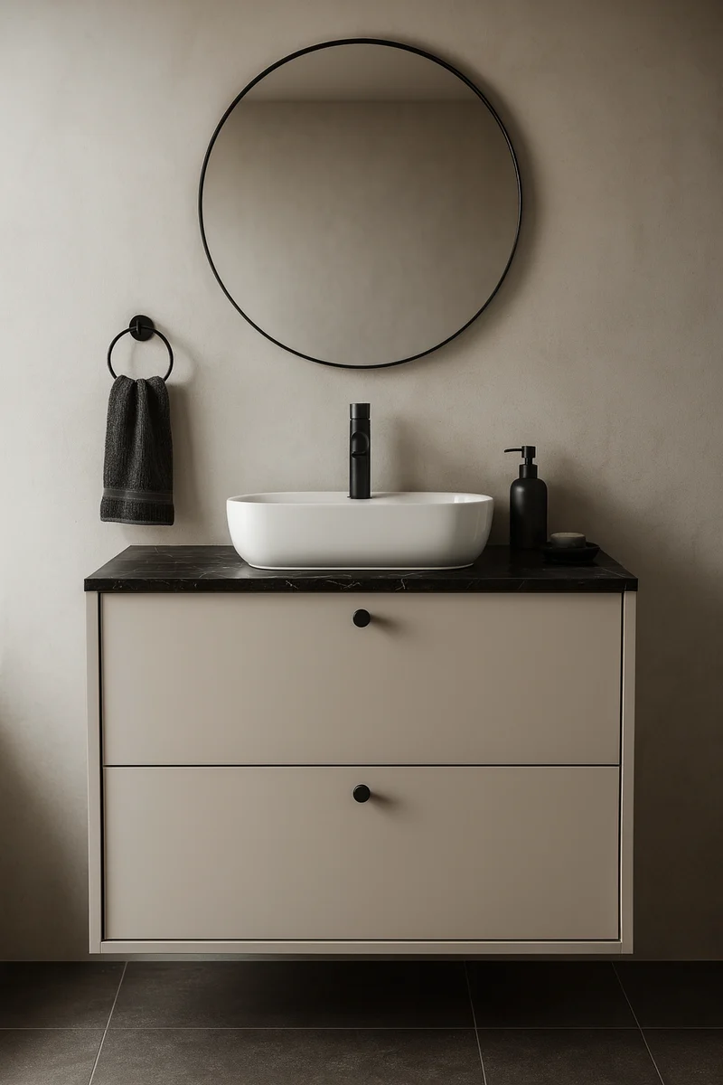 Waschtischunterschrank 80 cm, glatte Fronten Belino - Kaschmir/Marmor Schwarz