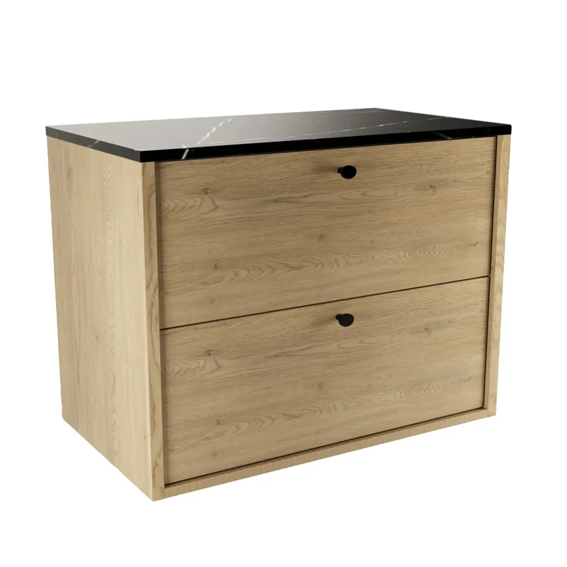 Waschtischunterschrank 80 cm, glatte Fronten Belino - Eiche Cremona/Marmor Schwarz