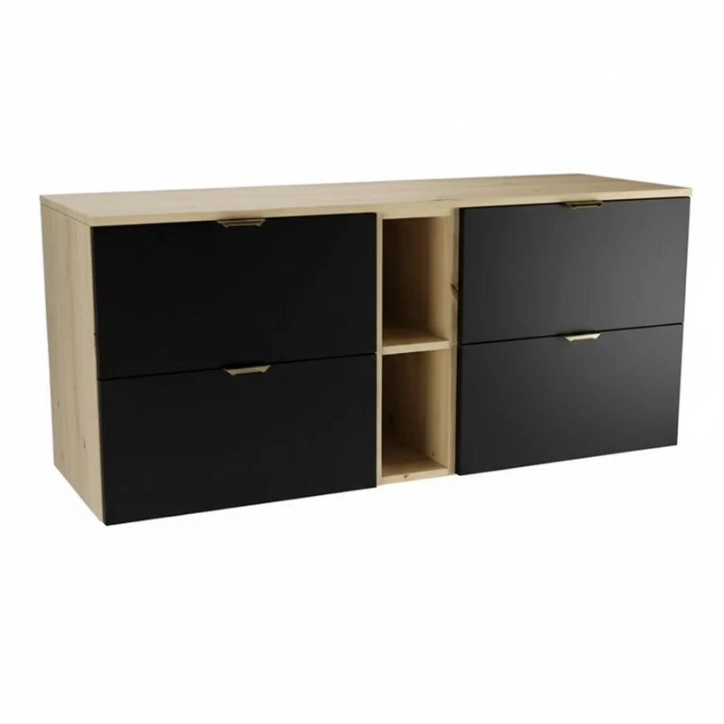 Waschtischunterschrank 140 cm mit Regal Orio - Schwarz/Eiche Artisan