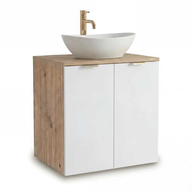 Badmöbel-Set: Waschtischunterschrank mit Türen 60 cm mit Waschbecken Orio - Weiß/Eiche Artisan
