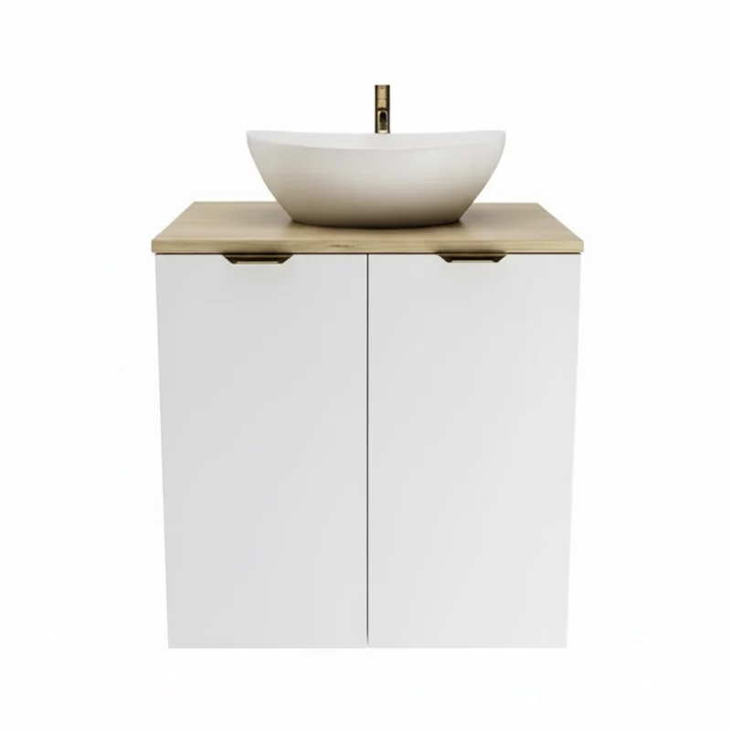 Badmöbel-Set: Waschtischunterschrank mit Türen 60 cm mit Waschbecken Orio - Weiß/Eiche Artisan