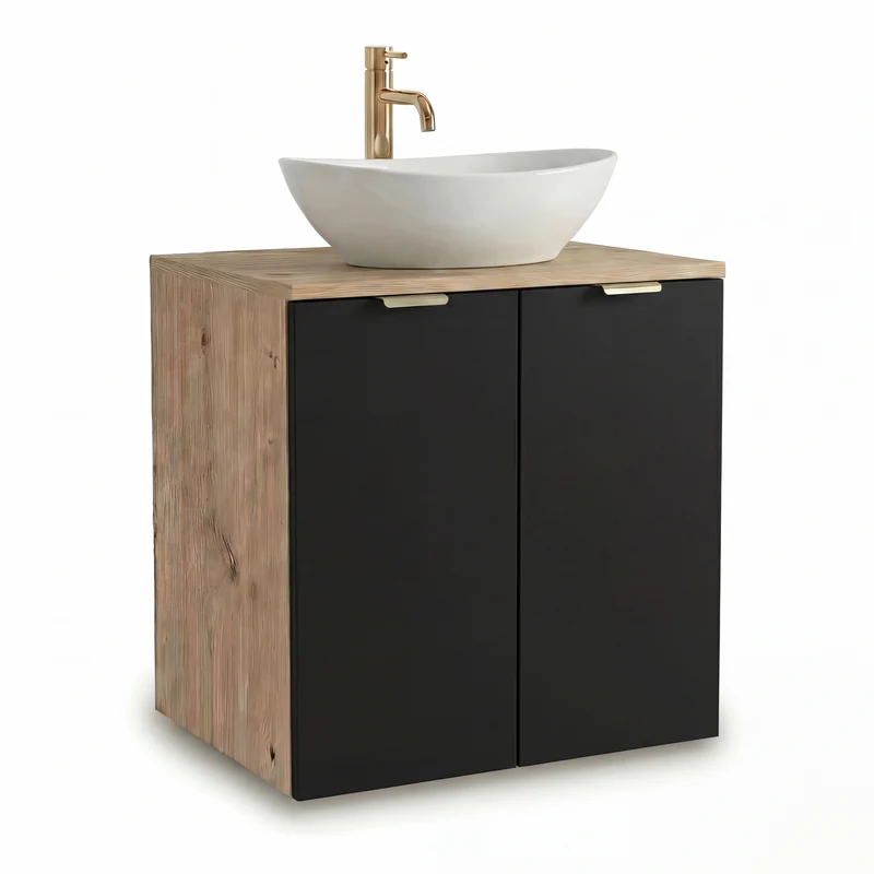 Badmöbel-Set: Waschtischunterschrank mit Türen 60 cm mit Waschbecken Orio - Schwarz/Eiche Artisan