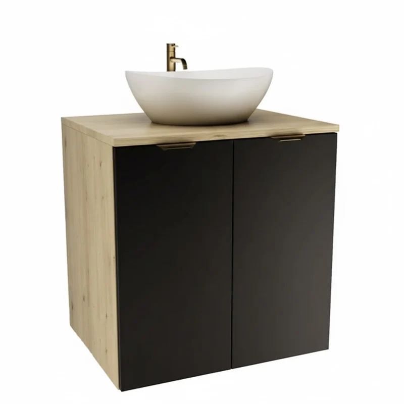 Badmöbel-Set: Waschtischunterschrank mit Türen 60 cm mit Waschbecken Orio - Schwarz/Eiche Artisan