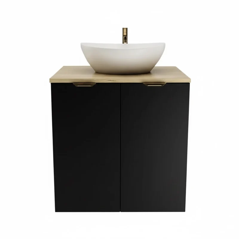 Badmöbel-Set: Waschtischunterschrank mit Türen 60 cm mit Waschbecken Orio - Schwarz/Eiche Artisan