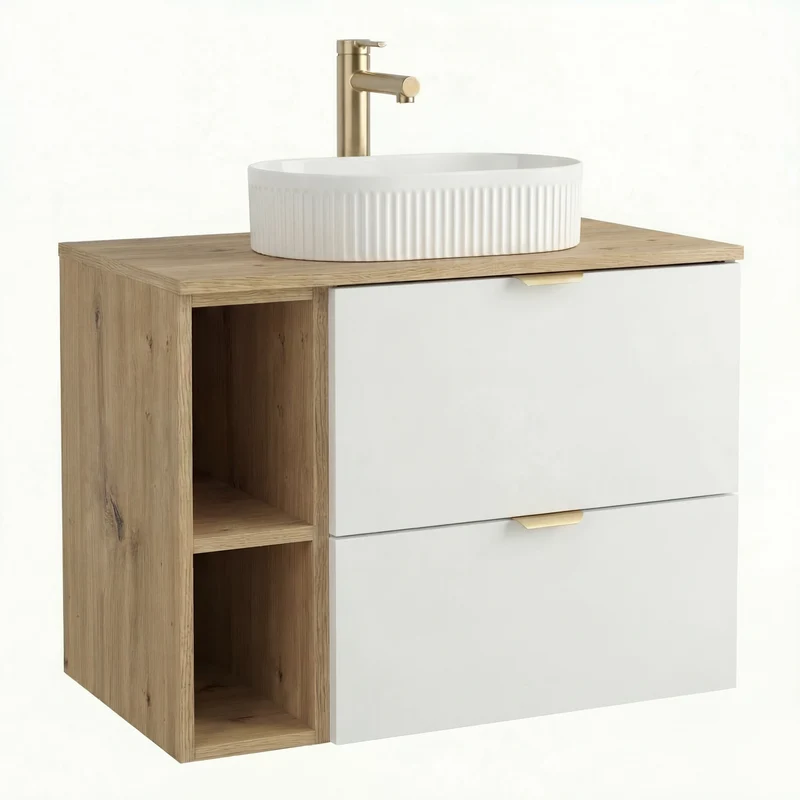 Badmöbel-Set: 80 cm Waschtischunterschrank mit Waschbecken Orio - Weiß/Eiche Artisan