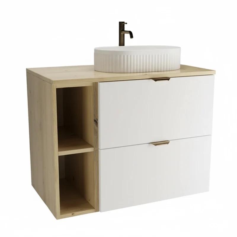 Badmöbel-Set: 80 cm Waschtischunterschrank mit Waschbecken Orio - Weiß/Eiche Artisan