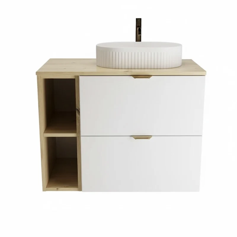 Badmöbel-Set: 80 cm Waschtischunterschrank mit Waschbecken Orio - Weiß/Eiche Artisan