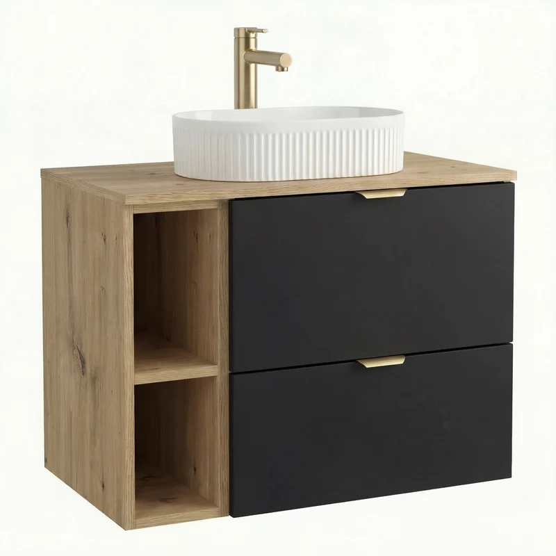 Badmöbel-Set: 80 cm Waschtischunterschrank mit Waschbecken Orio - Schwarz/Eiche artisan