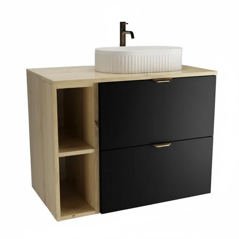 Badmöbel-Set: 80 cm Waschtischunterschrank mit Waschbecken Orio - Schwarz/Eiche artisan