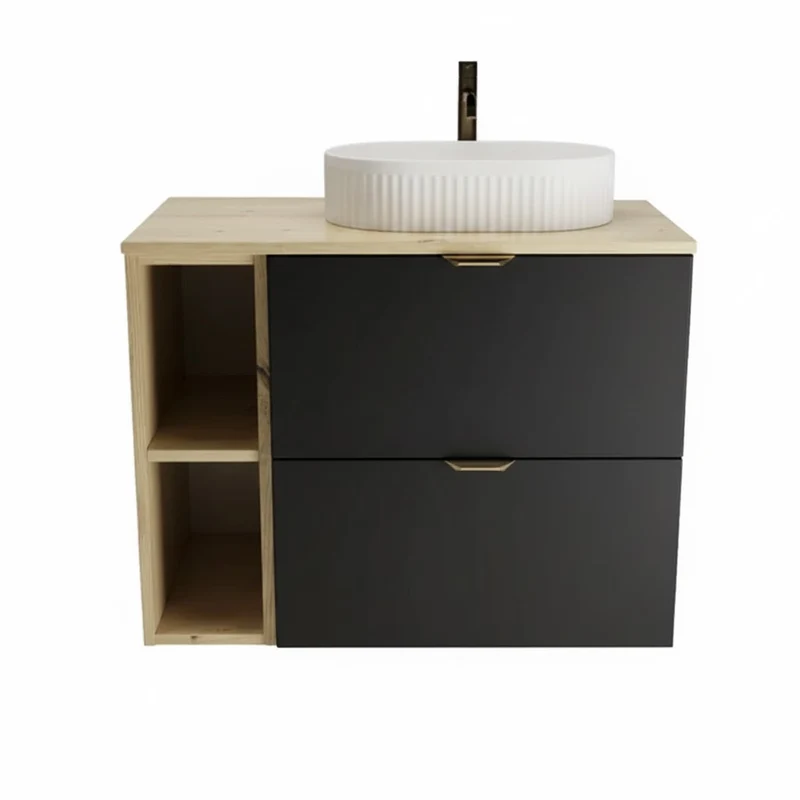Badmöbel-Set: 80 cm Waschtischunterschrank mit Waschbecken Orio - Schwarz/Eiche artisan