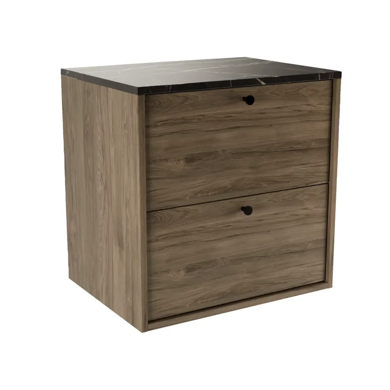 Waschtischunterschrank 60 cm, glatte Fronten Belino - Walnuss Dunkel/Marmor Schwarz
