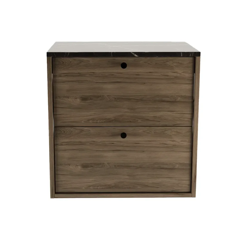 Waschtischunterschrank 60 cm, glatte Fronten Belino - Walnuss Dunkel/Marmor Schwarz