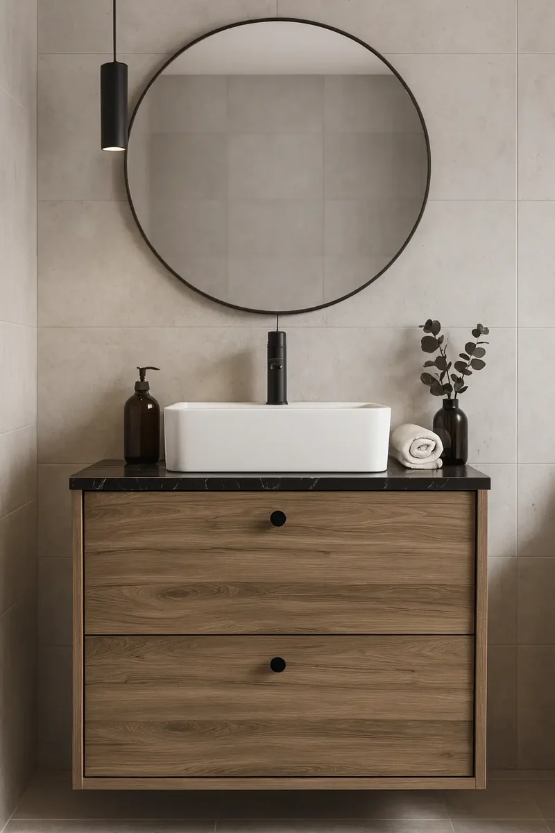 Waschtischunterschrank 60 cm, glatte Fronten Belino - Walnuss Dunkel/Marmor Schwarz