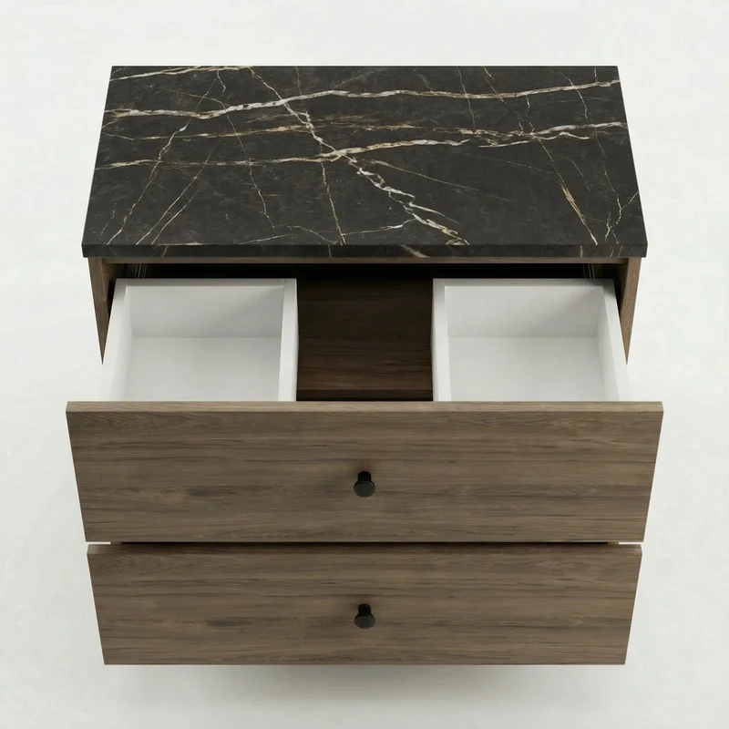 Waschtischunterschrank 60 cm, glatte Fronten Belino - Walnuss Dunkel/Marmor Schwarz