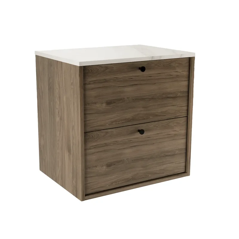 Waschtischunterschrank 60 cm, glatte Fronten Belino - Walnuss Dunkel/Marmor Bianco
