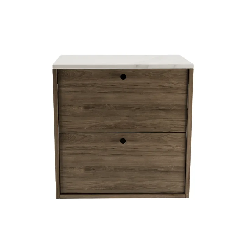 Waschtischunterschrank 60 cm, glatte Fronten Belino - Walnuss Dunkel/Marmor Bianco