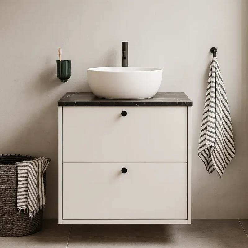 Waschtischunterschrank 60 cm, glatte Fronten Belino - Kaschmir/Marmor Schwarz
