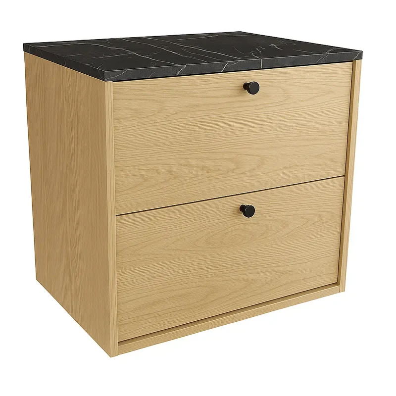 Waschtischunterschrank 60 cm, glatte Fronten Belino - Eiche Cremona/Marmor Schwarz