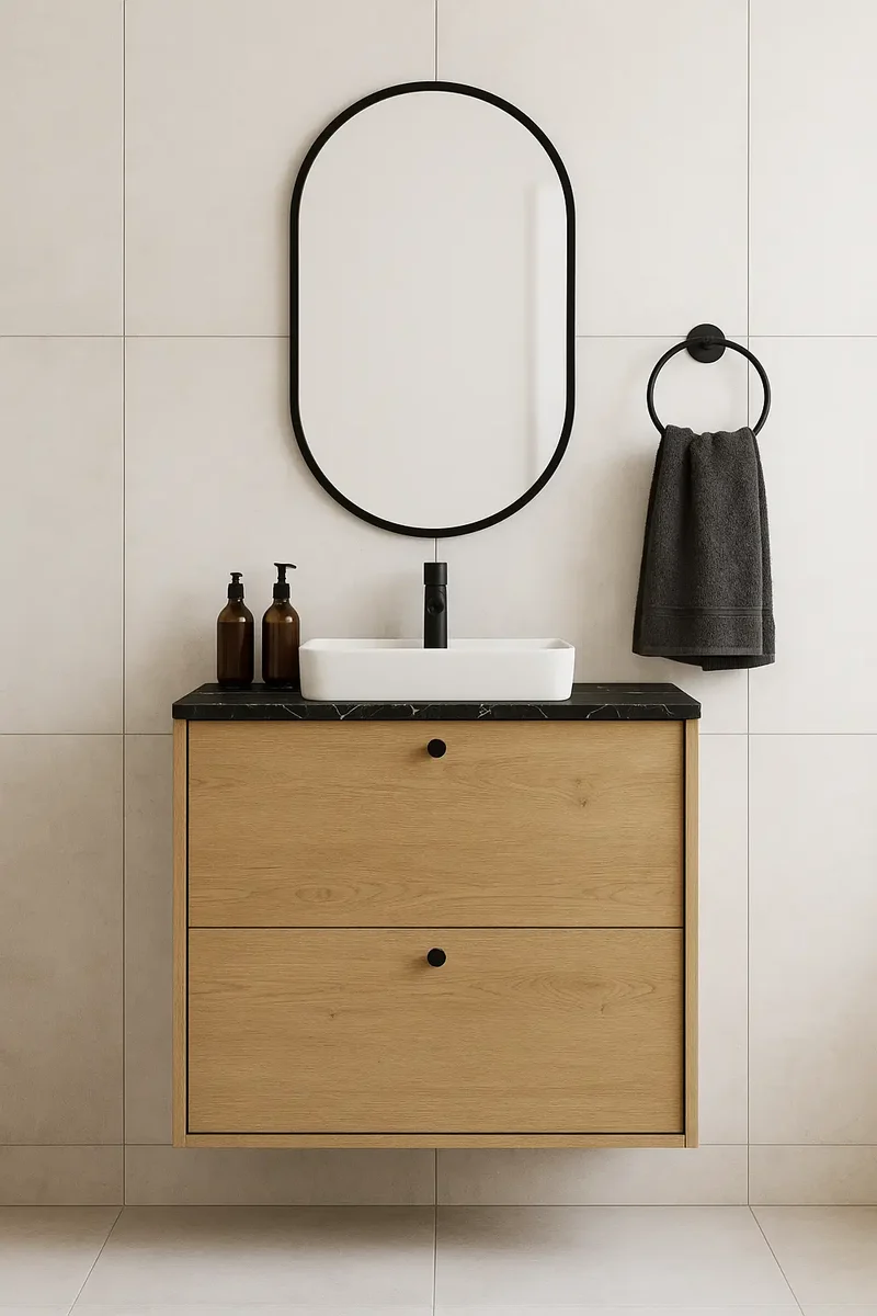 Waschtischunterschrank 60 cm, glatte Fronten Belino - Eiche Cremona/Marmor Schwarz
