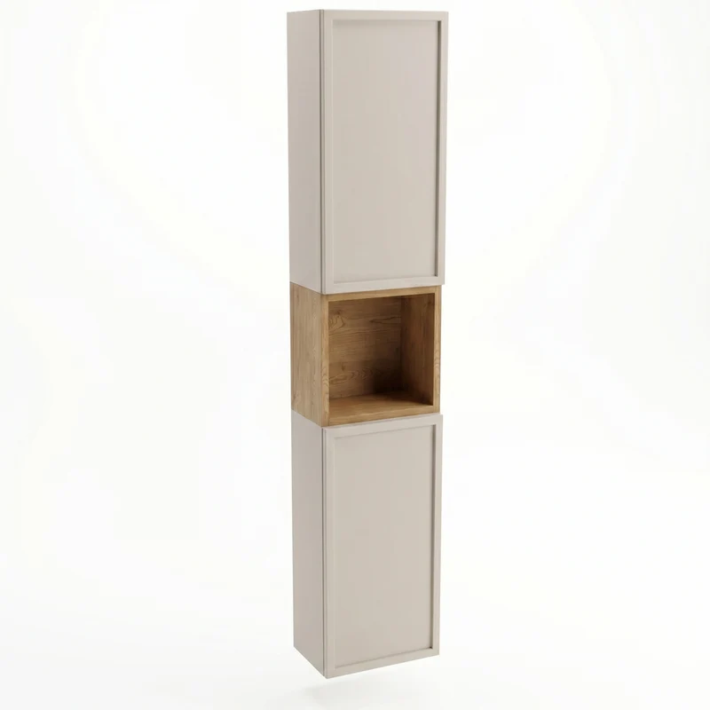 Bad Hochschrank 150 cm, 2 Türen, Ablagen und Regal Roma - Kaschmir/Eiche Cremona