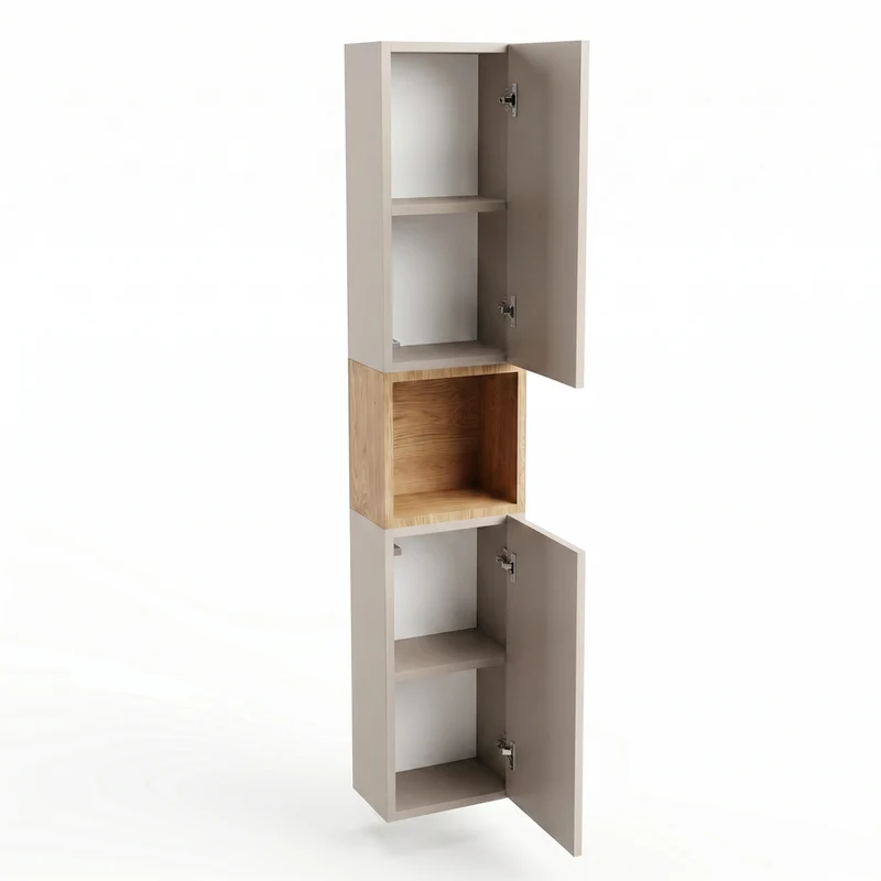 Bad Hochschrank 150 cm, 2 Türen, Ablagen und Regal Roma - Kaschmir/Eiche Cremona