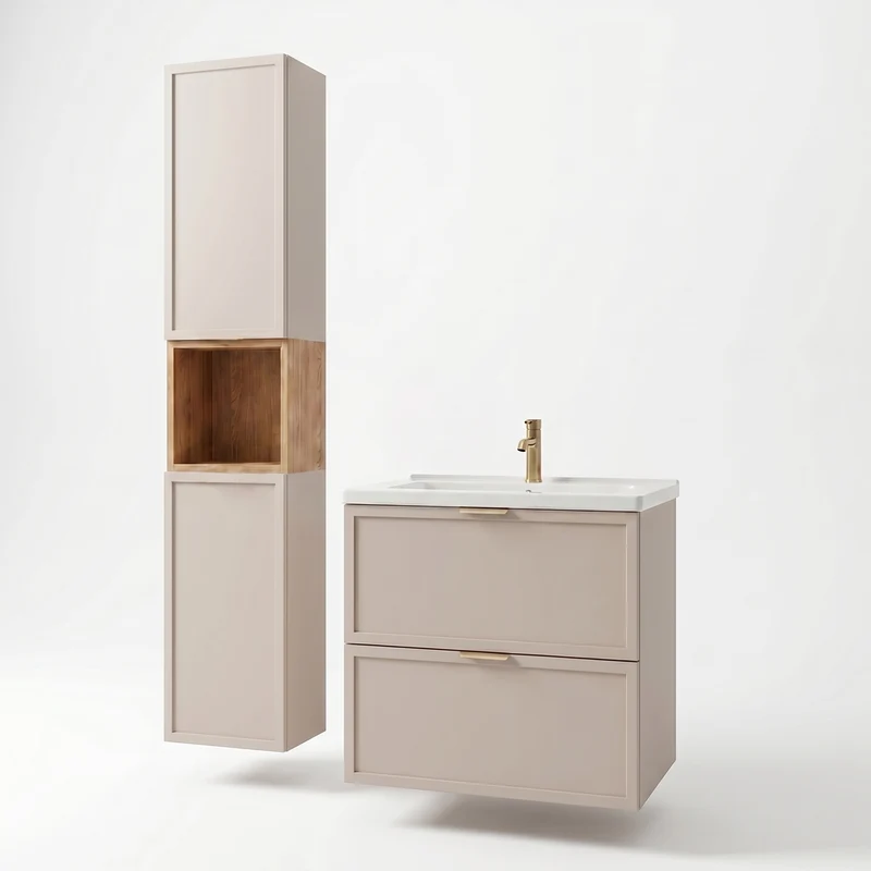 Bad Hochschrank 150 cm, 2 Türen, Ablagen und Regal Roma - Kaschmir/Eiche Cremona