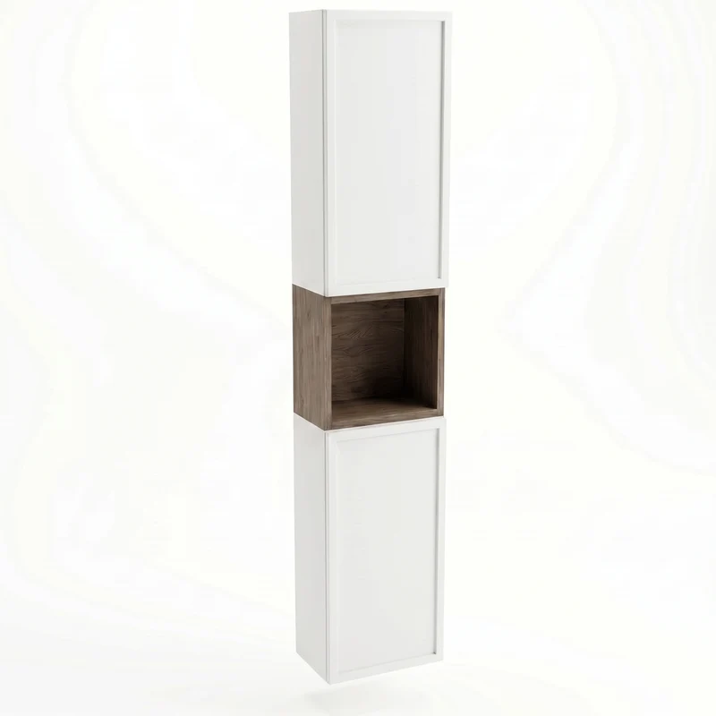 Bad Hochschrank 150 cm, 2 Türen, Ablagen und Regal Roma - Weiß/Walnuss Dunkel