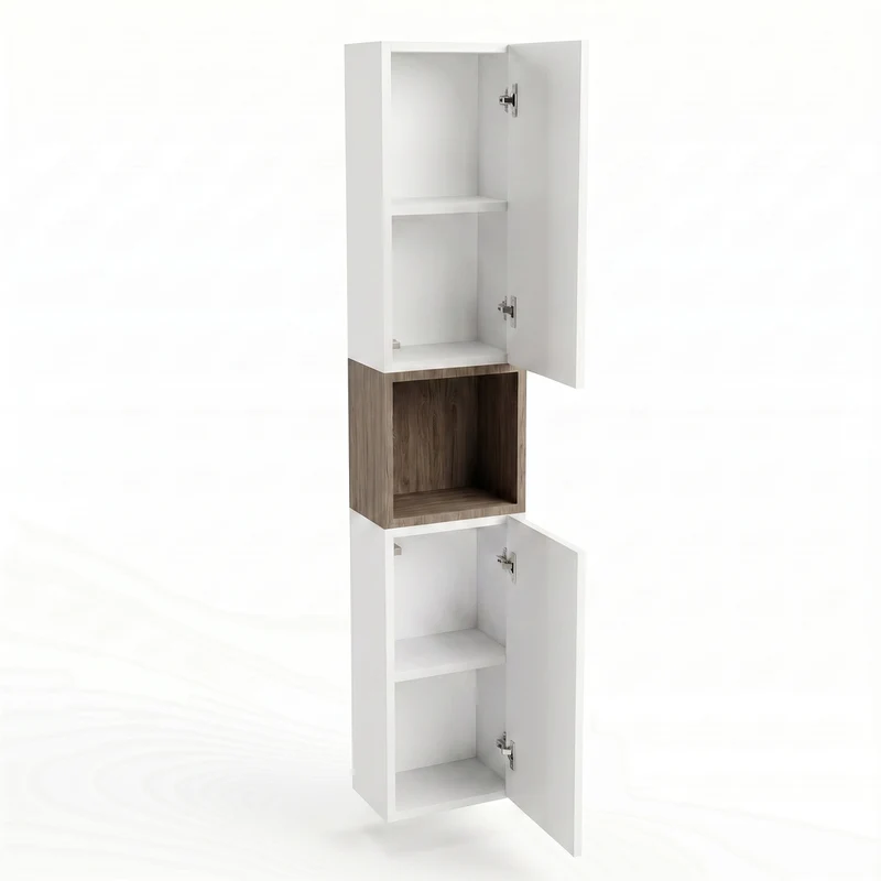 Bad Hochschrank 150 cm, 2 Türen, Ablagen und Regal Roma - Weiß/Walnuss Dunkel