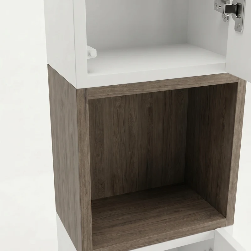 Bad Hochschrank 150 cm, 2 Türen, Ablagen und Regal Roma - Weiß/Walnuss Dunkel