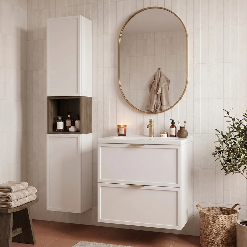 Bad Hochschrank 150 cm, 2 Türen, Ablagen und Regal Roma - Weiß/Walnuss Dunkel