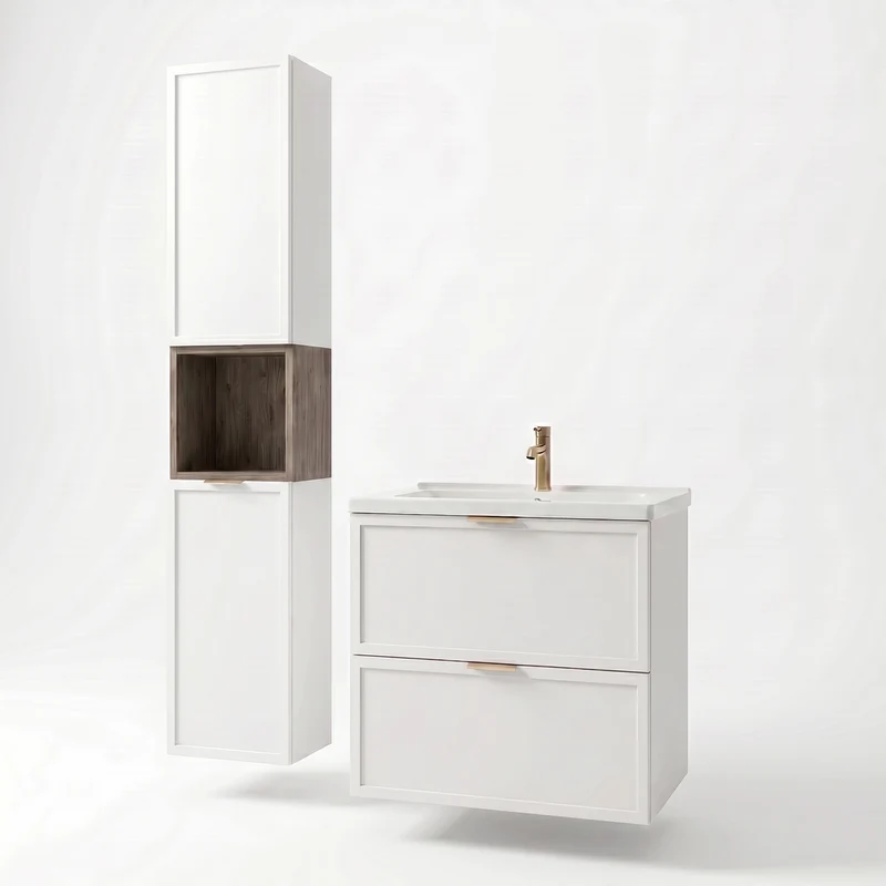 Bad Hochschrank 150 cm, 2 Türen, Ablagen und Regal Roma - Weiß/Walnuss Dunkel