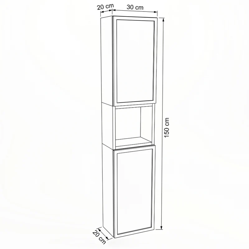 Bad Hochschrank 150 cm, 2 Türen, Ablagen und Regal Roma - Weiß/Walnuss Dunkel