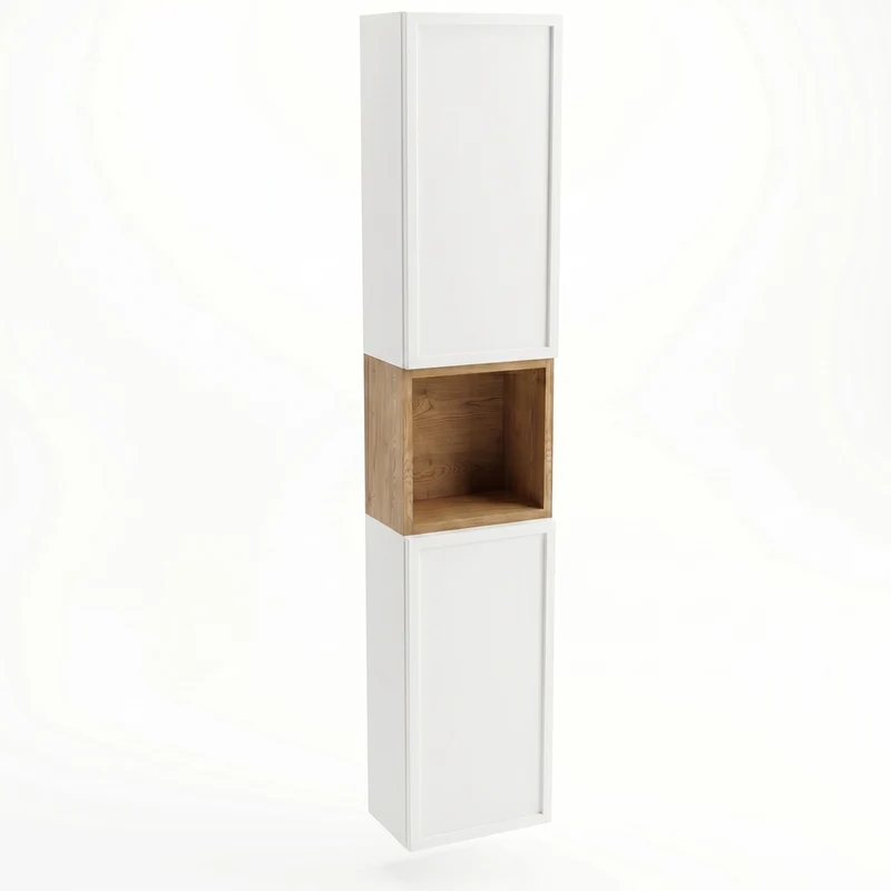 Bad Hochschrank 150 cm, 2 Türen, Ablagen und Regal Roma - Weiß/Eiche Cremona