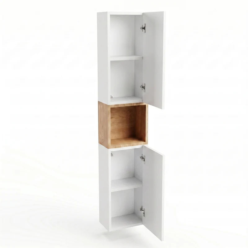 Bad Hochschrank 150 cm, 2 Türen, Ablagen und Regal Roma - Weiß/Eiche Cremona