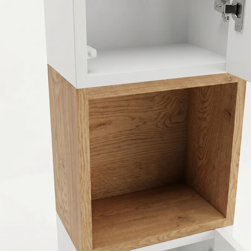 Bad Hochschrank 150 cm, 2 Türen, Ablagen und Regal Roma - Weiß/Eiche Cremona