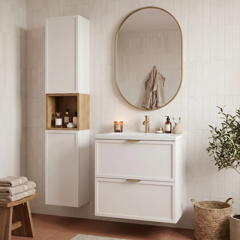 Bad Hochschrank 150 cm, 2 Türen, Ablagen und Regal Roma - Weiß/Eiche Cremona