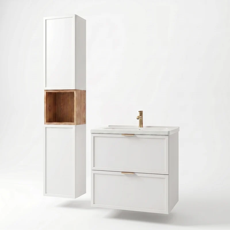 Bad Hochschrank 150 cm, 2 Türen, Ablagen und Regal Roma - Weiß/Eiche Cremona