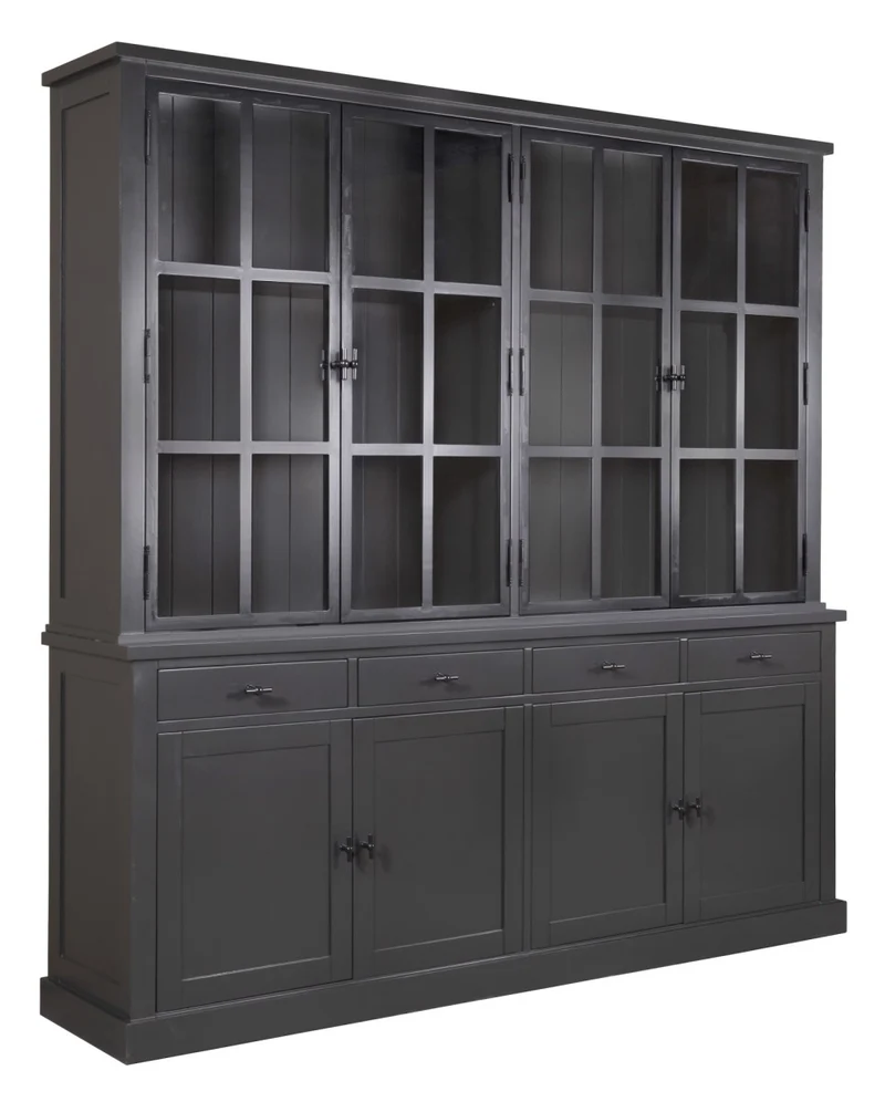 Vitrine schwarz, Geschirrschrank schwarz Metall-Türen Landhaus, Wohnzimmerschrank schwarz Landhausstil, Breite 220 cm