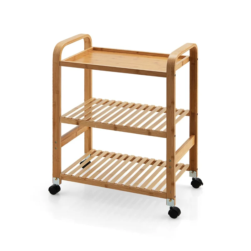 Costway – 3-stufiger Servierwagen aus Bambus mit 4 Rollen, 58 × 33 × 76 cm, Natur