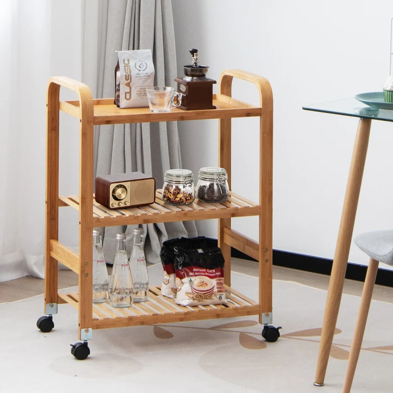 Costway – 3-stufiger Servierwagen aus Bambus mit 4 Rollen, 58 × 33 × 76 cm, Natur