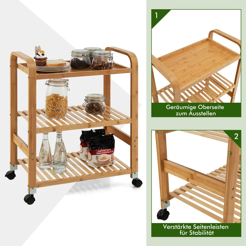 Costway – 3-stufiger Servierwagen aus Bambus mit 4 Rollen, 58 × 33 × 76 cm, Natur
