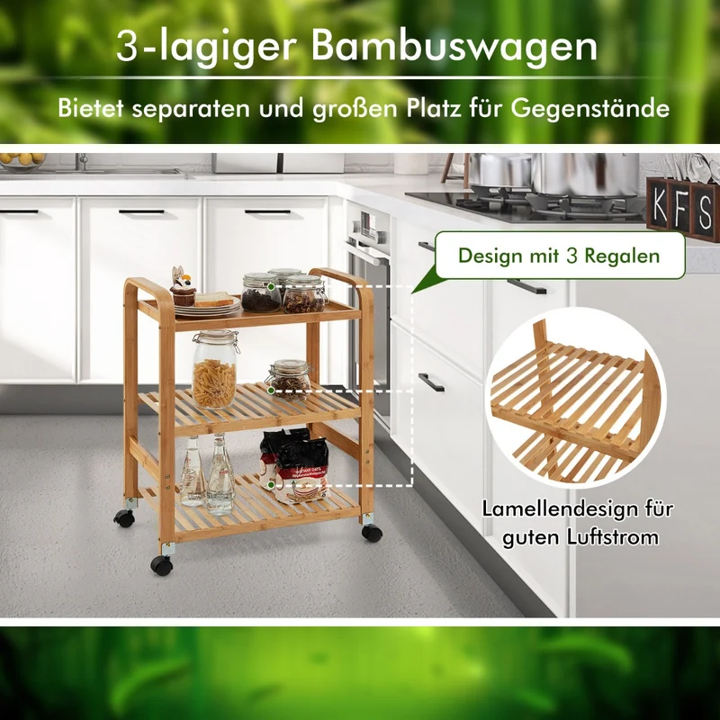 Costway – 3-stufiger Servierwagen aus Bambus mit 4 Rollen, 58 × 33 × 76 cm, Natur