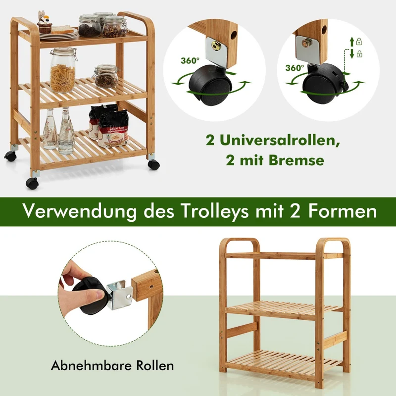 Costway – 3-stufiger Servierwagen aus Bambus mit 4 Rollen, 58 × 33 × 76 cm, Natur