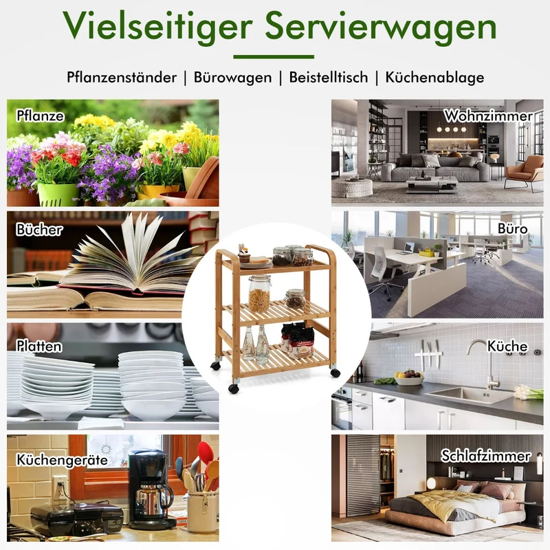 Costway – 3-stufiger Servierwagen aus Bambus mit 4 Rollen, 58 × 33 × 76 cm, Natur